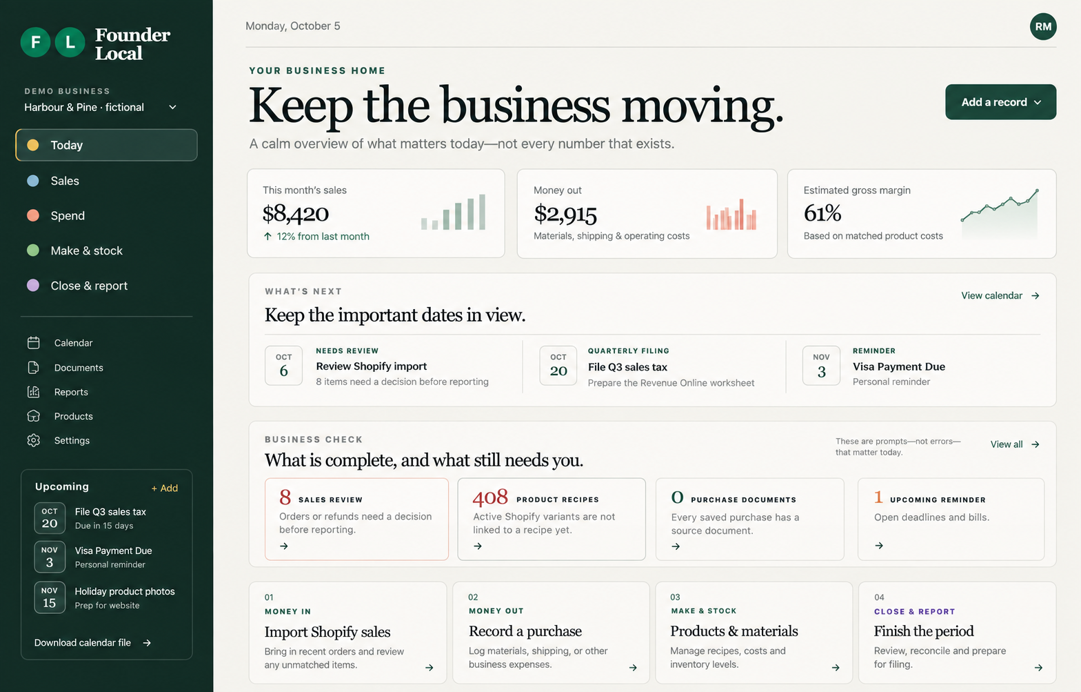 Founder Local business dashboard showing sales, expenses, business checks and upcoming work