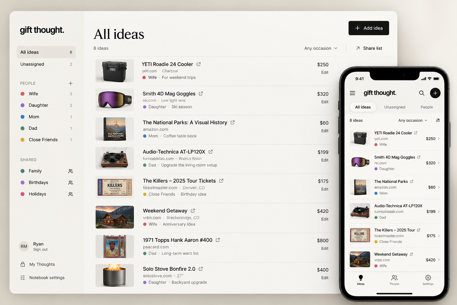 Gift Thought dashboard showing saved gift ideas, e-commerce links and a mobile companion view