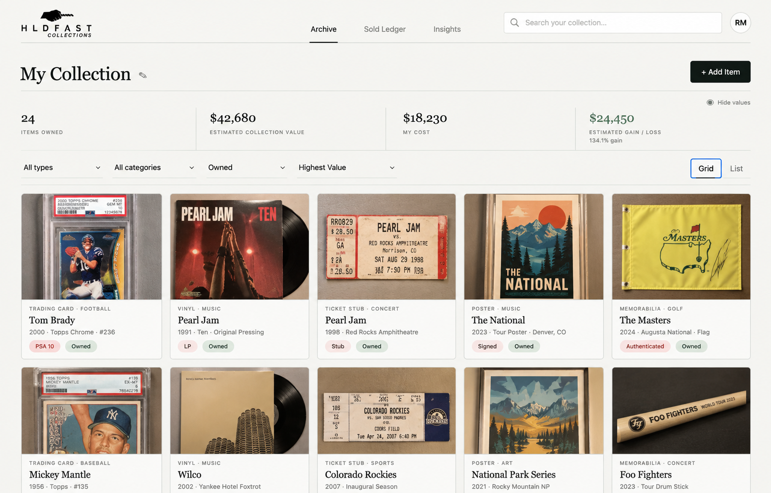 HLDFAST collection dashboard showing archived trading cards, vinyl, tickets, posters and memorabilia
